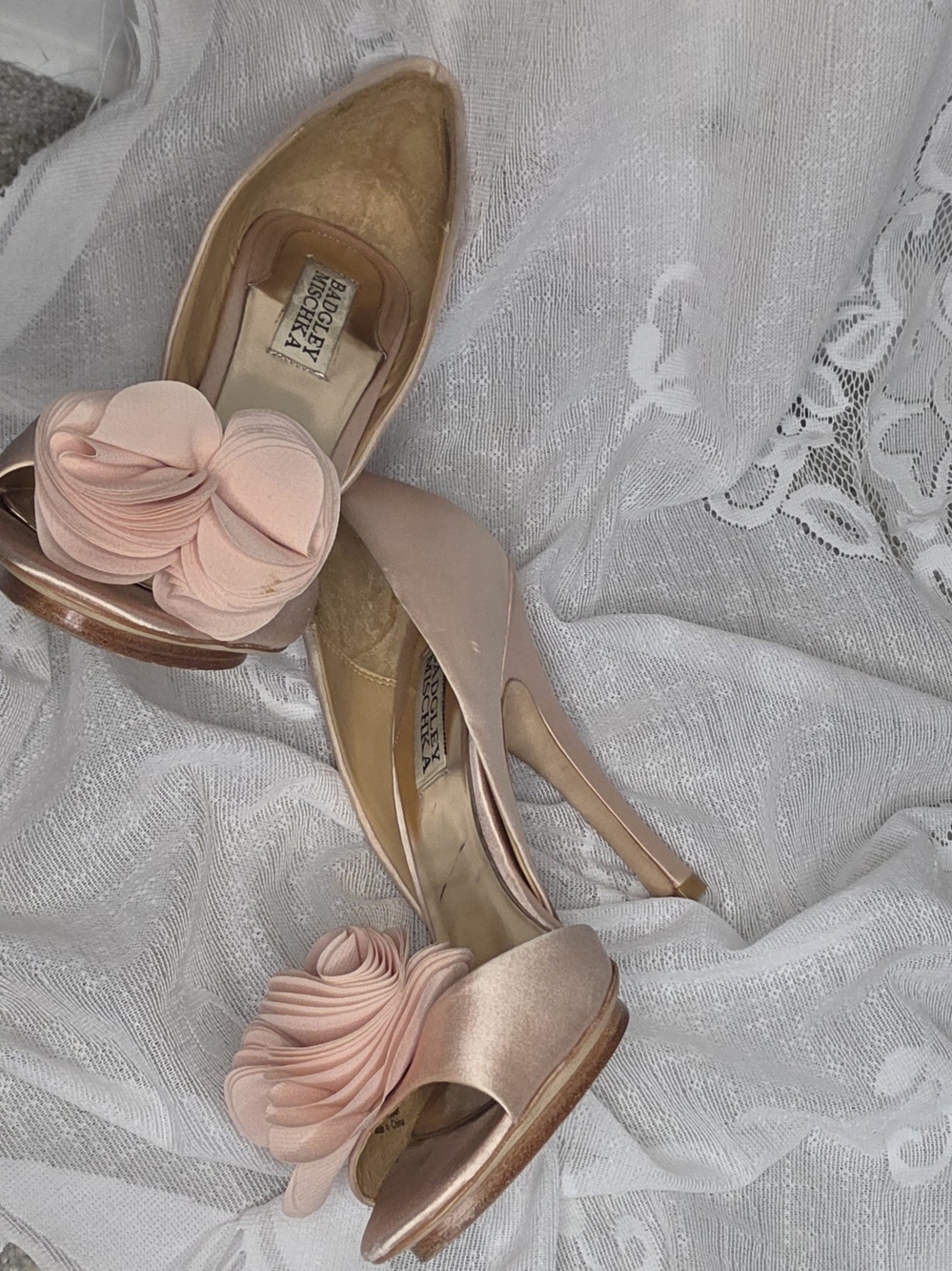 Badgley Mischka Blush Pink Satin Peep-Toe Heels with Floral Accent - Picture 3 of 4